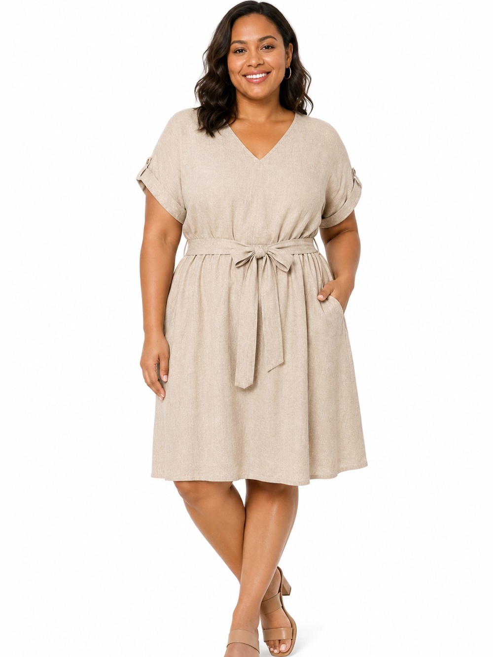 Simply Vera Vera Wang Linen Blend Belted Dress XXL Beige V-Neck